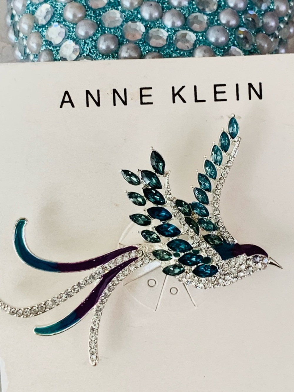 Anne Klein Teal and Silver Crystal Bird Pin